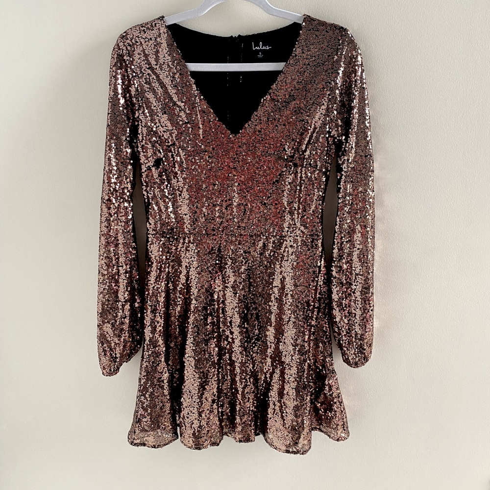 Shining Rose Gold Sequin Long Sleeve Dress NYE Party Sexy